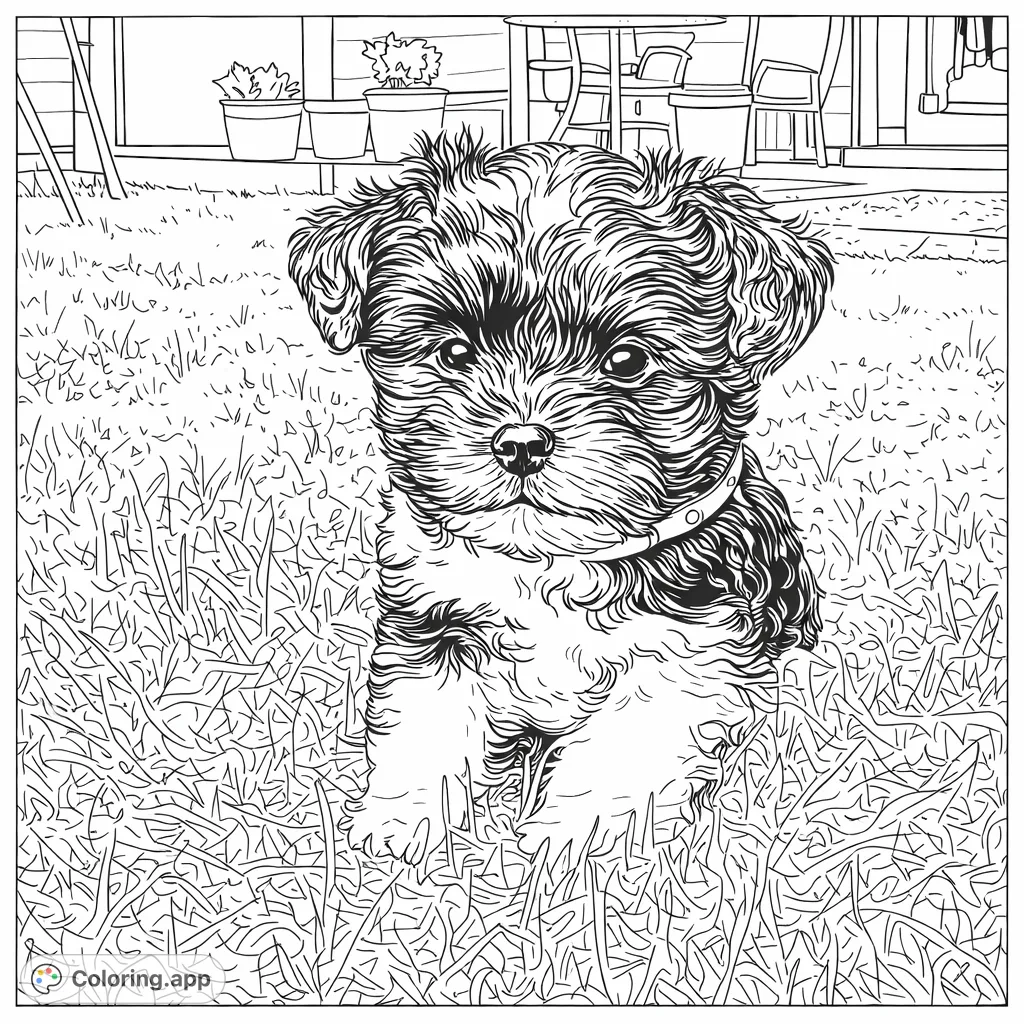 An adorable, fluffy puppy sits playfully in a field of tall grass, a perfect scene for a cute animal coloring page. Bring this charming canine to life!
