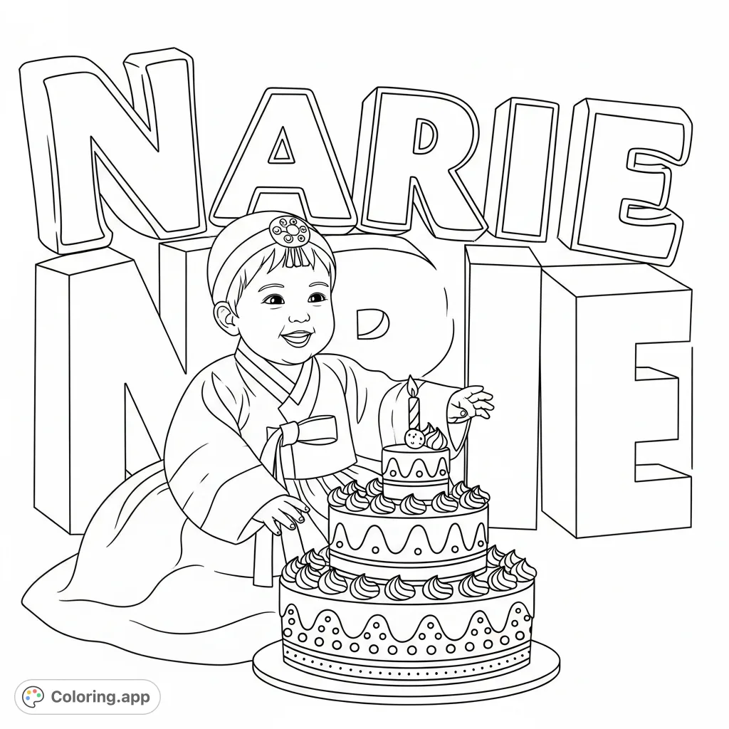 A delightful coloring page featuring a baby girl in a traditional hanbok, celebrating her birthday with a multi-tiered cake and her name "Narie" as a backdrop.