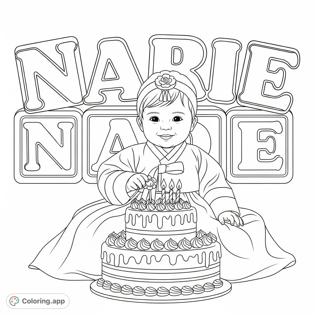 A charming baby girl in a traditional hanbok celebrates her birthday with a grand cake and her name "Narie" as a festive backdrop. A delightful scene for coloring.