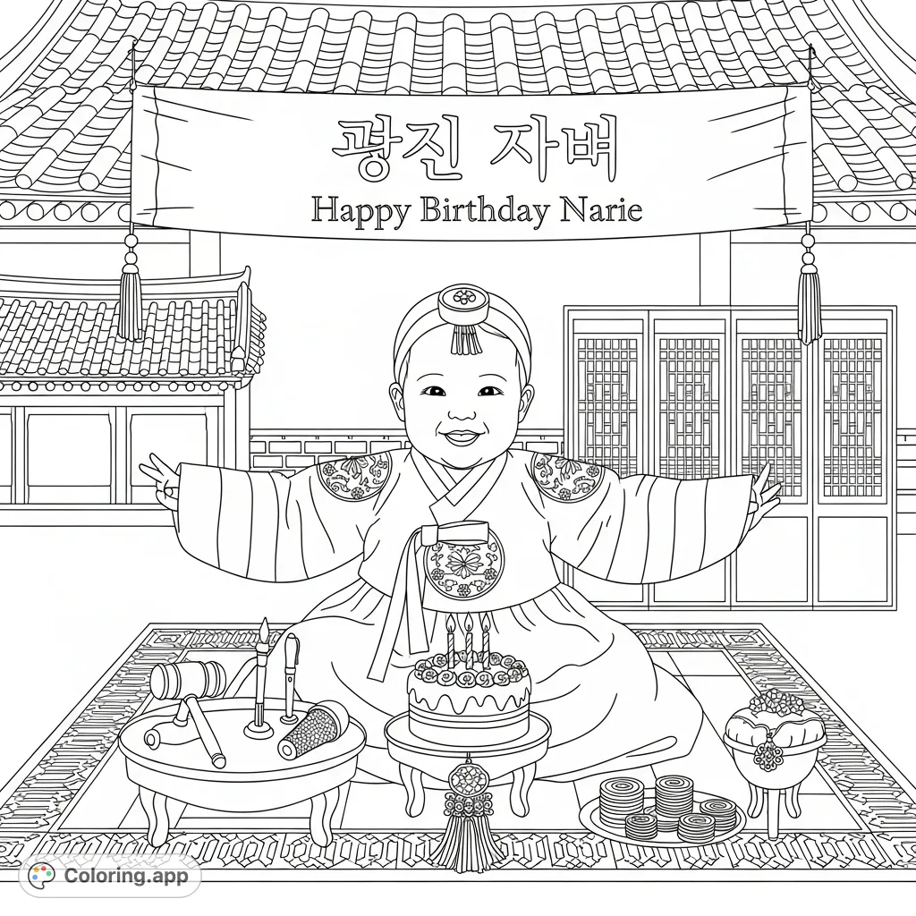 Capture the joy of Narie's first birthday! This Korean Doljabi coloring page features a baby in a traditional hanbok, birthday cake, and symbolic ceremony items.