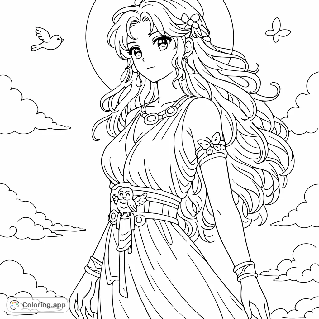 Color a majestic celestial maiden with flowing hair, draped garment, and ornate belt, set against a sky filled with clouds and a luminous moon-like disc. A peaceful scene.