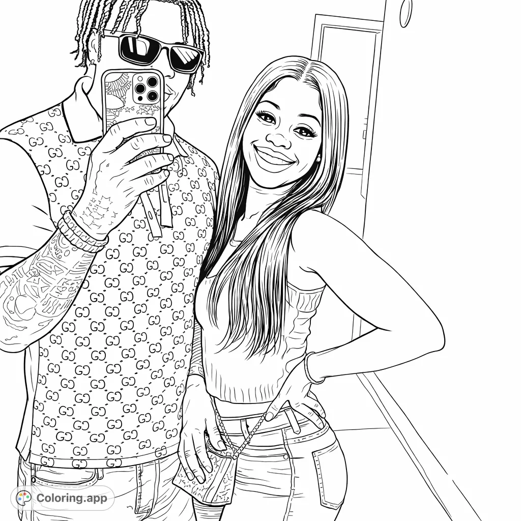 A modern couple captures a stylish selfie, featuring contemporary fashion, intricate patterns, and a joyful pose. Perfect for fashion and portrait enthusiasts.