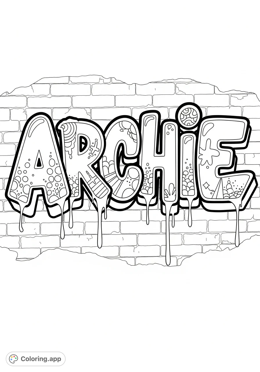 Bold "Archie" graffiti coloring page with dynamic letters, intricate patterns, drips, and a distressed brick wall background. Perfect for street art fans!