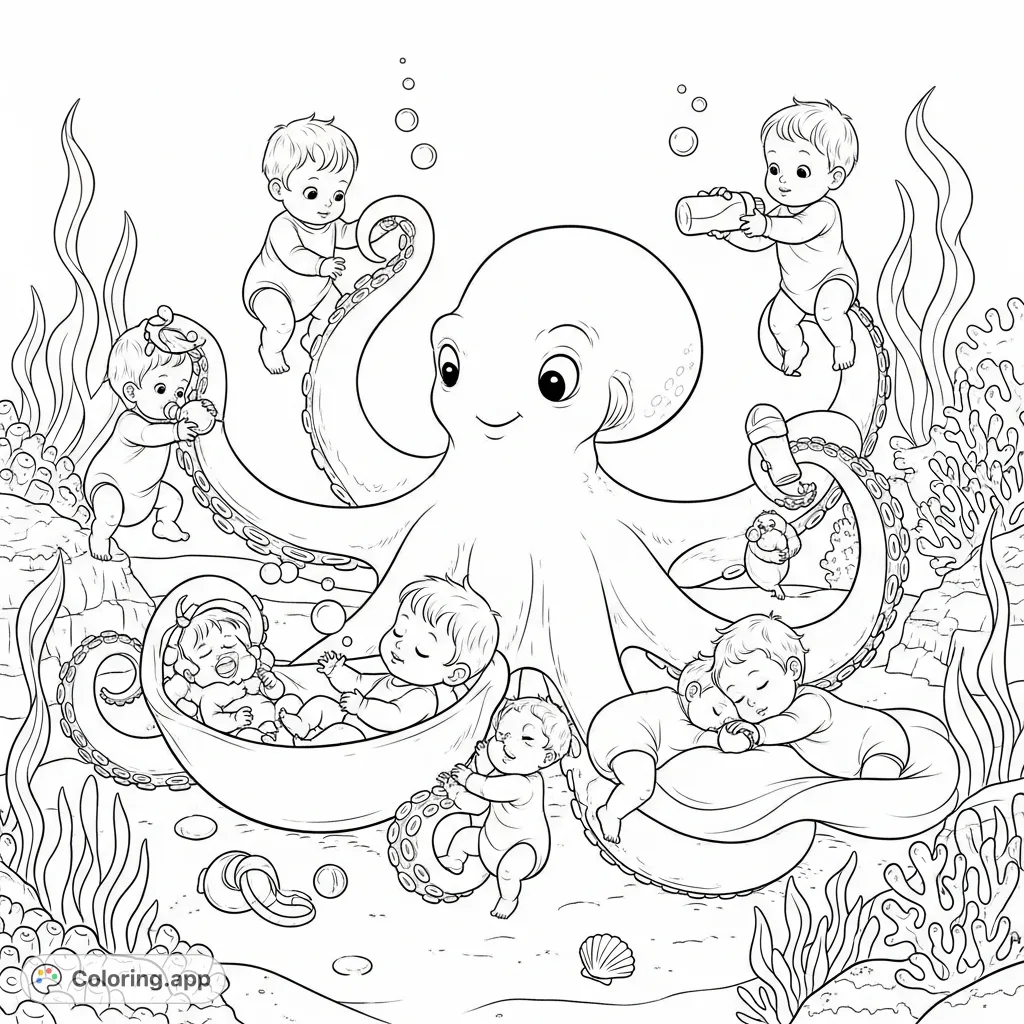 An adorable octopus expertly babysits eight human babies in a charming underwater nursery, a delightful scene for a fun coloring page adventure.