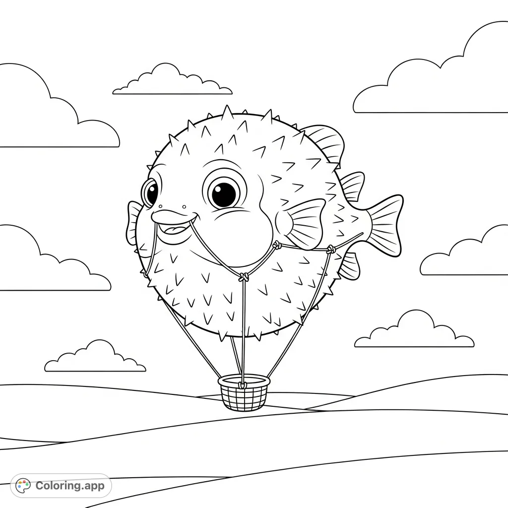 A delightful puffer fish, puffed up like a balloon, floats with a cheerful expression and carries a small basket. Perfect for a whimsical coloring adventure!