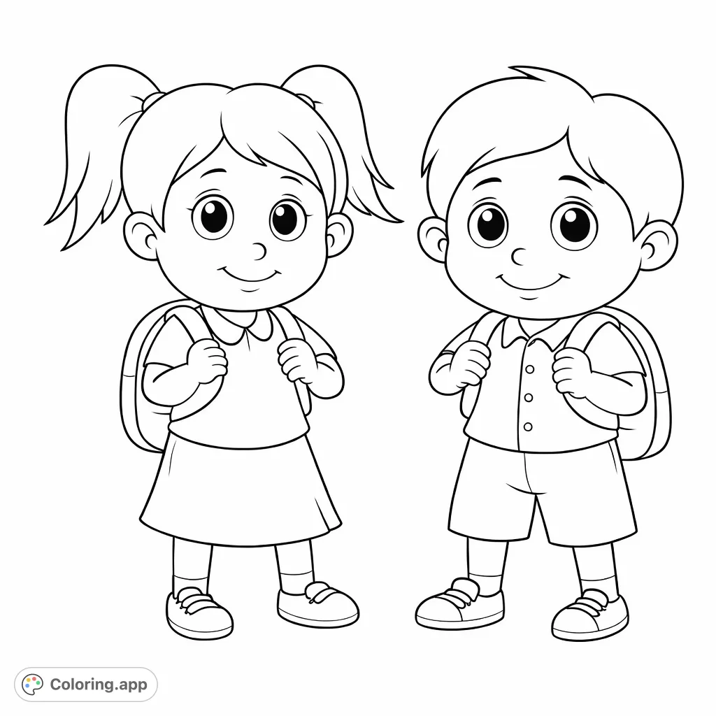 Delightful school children with backpacks, ready for adventure! A perfect free printable coloring page for kids and students.