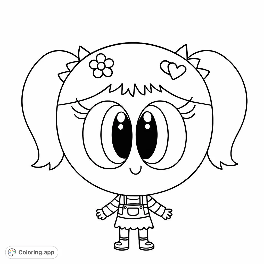 An adorable cartoon girl with pigtails and overalls. Perfect for young artists to express creativity with a fun and cheerful character.