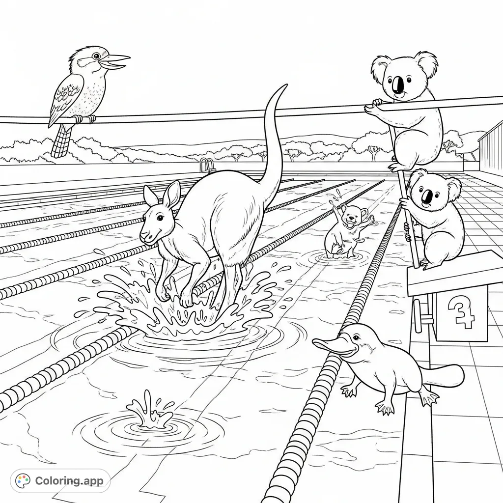 Join a lively pool party with Australian native animals like kangaroos, kookaburras, and koalas splashing and playing in a lap swimming pool with dive blocks.