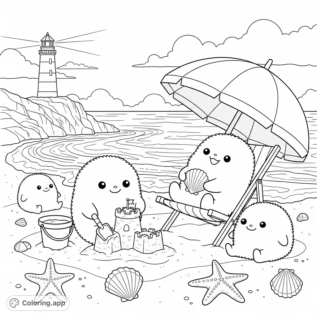 Join adorable fuzzy friends for a cozy day at the beach, building sandcastles and collecting shells. A charming seaside scene for relaxation and creative expression.