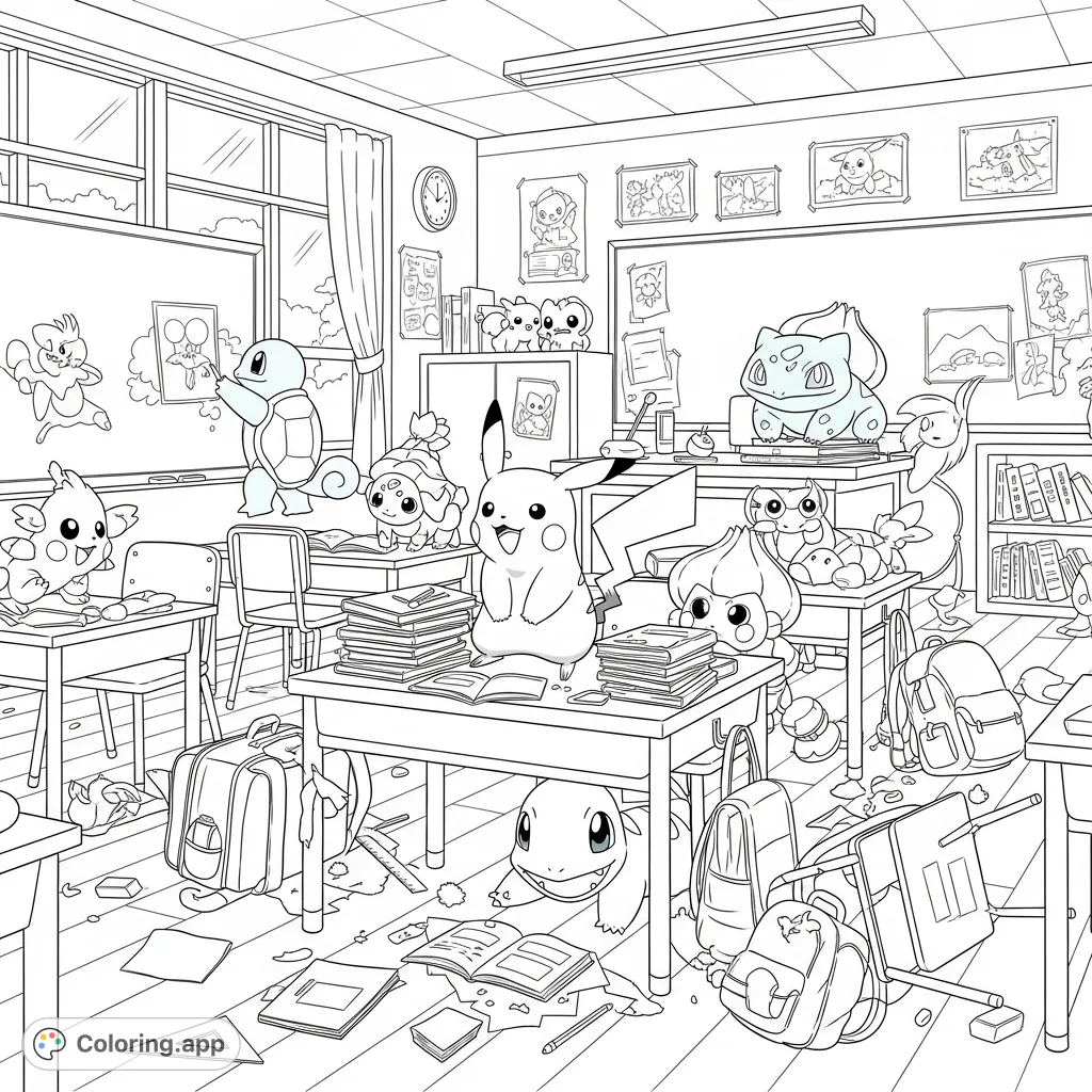 Join Pikachu, Squirtle, Charmander, and Bulbasaur in a delightfully chaotic classroom! A fun Pokemon coloring page for all fans.