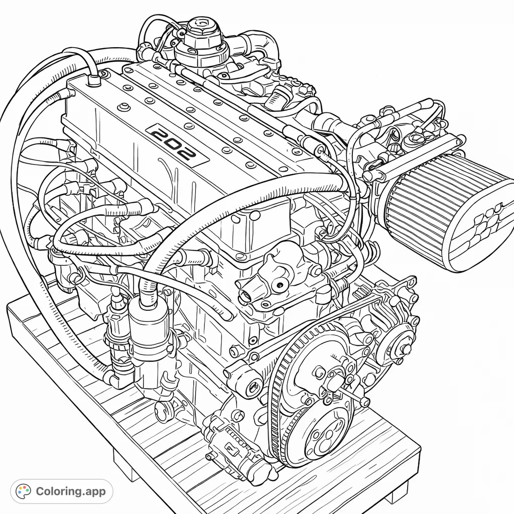 Explore the intricate mechanics of a high-performance engine. This detailed coloring page features complex parts, wires, and pipes, perfect for automotive enthusiasts and precision colorists.
