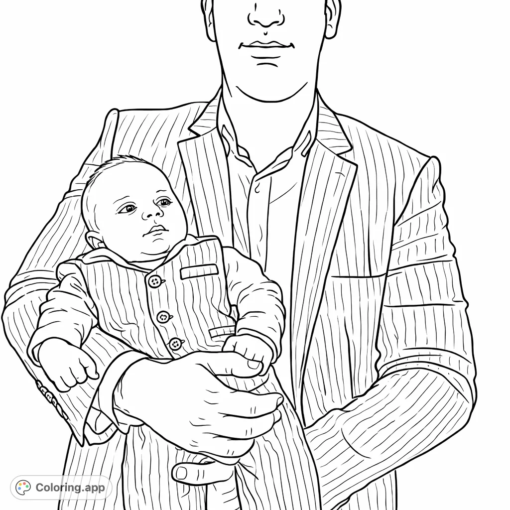 A heartwarming scene of a father gently holding his infant, both dressed in elegant, matching formal attire. This tender portrait celebrates family bonds.