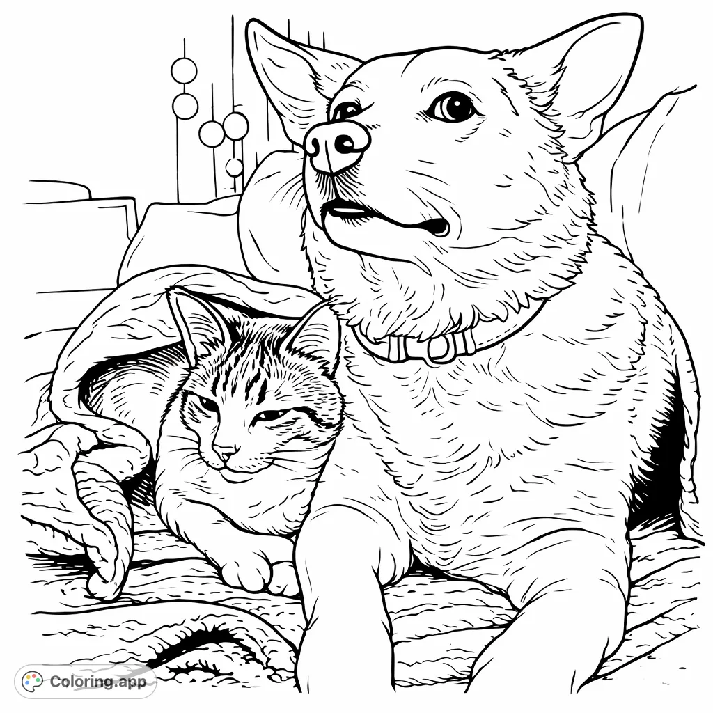 Snuggle up with this endearing pet friendship coloring page featuring a loyal canine and a serene feline companion resting together on a patterned blanket.