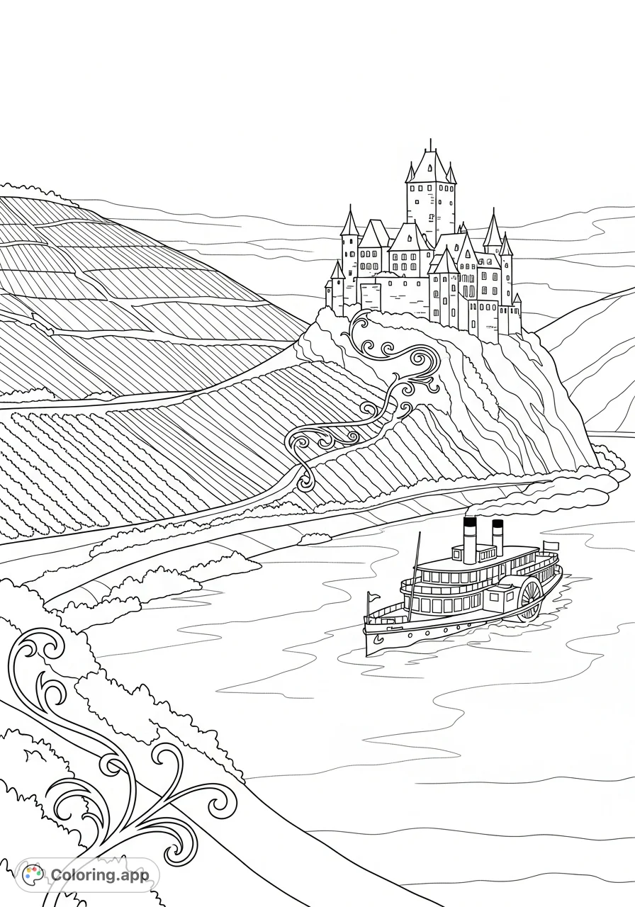 Explore the historic Rhine River valley with this free printable coloring page, featuring a majestic castle, rolling vineyards, and a classic paddle steamer.