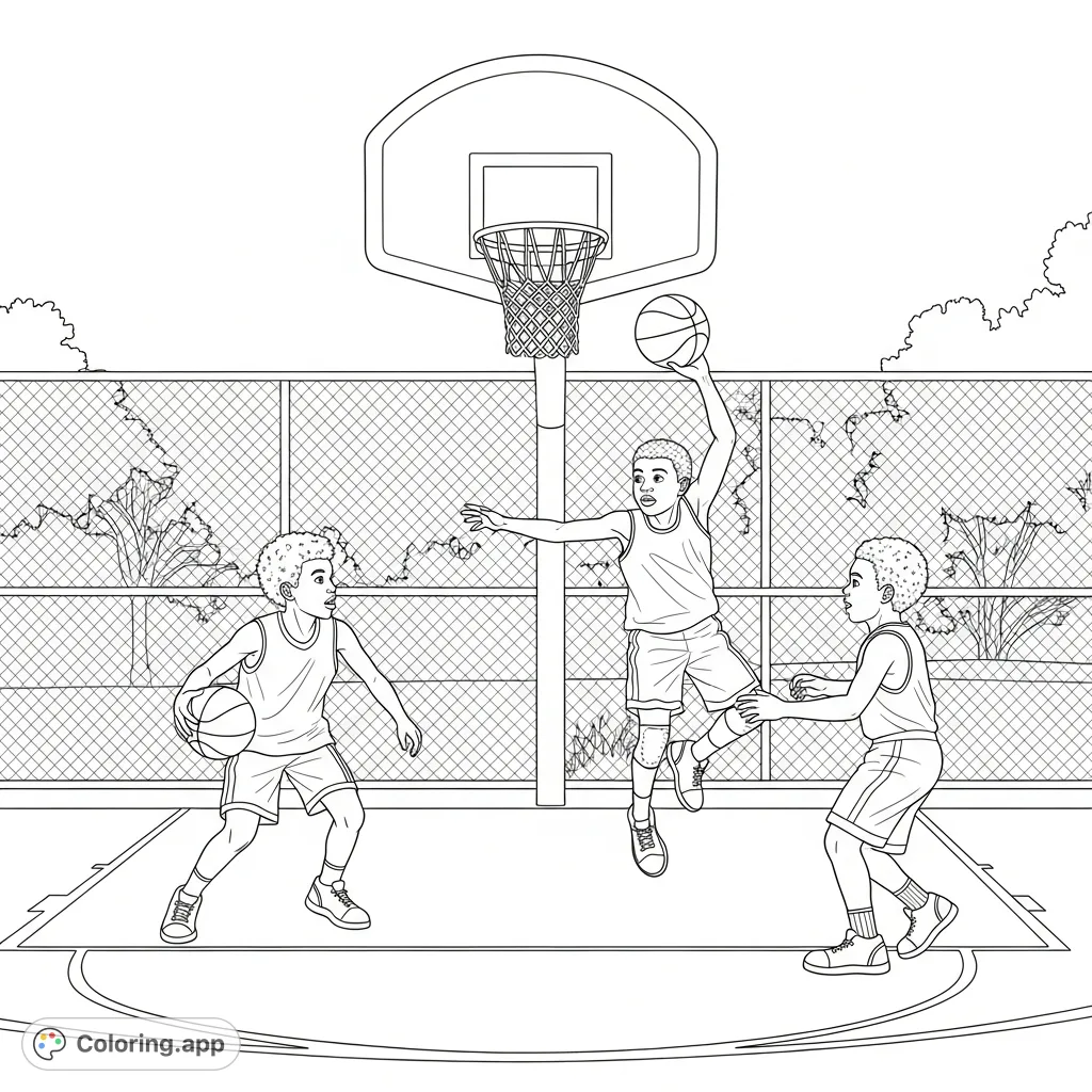 An engaging coloring page featuring African-American children enjoying a dynamic game of basketball on an outdoor court, full of action and team spirit.