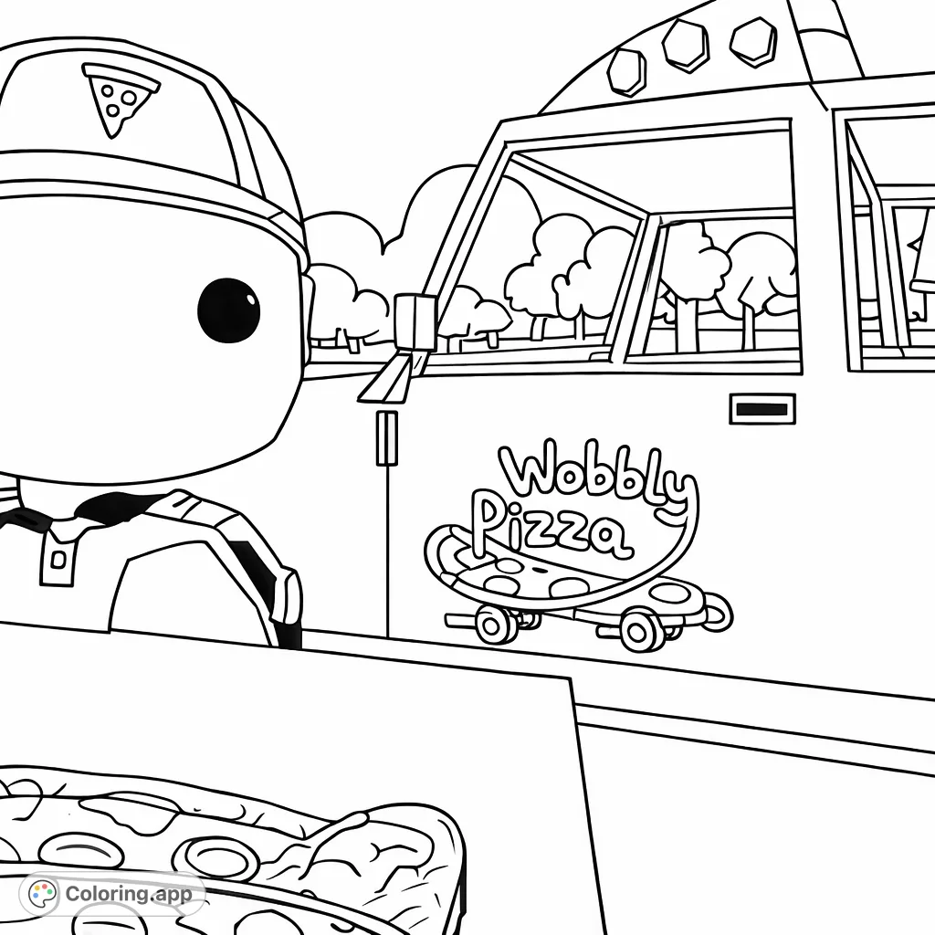 A whimsical Wobbly Pizza delivery driver stands next to their unique pizza truck, ready to deliver a delicious meal in this fun, cartoon-style coloring page.