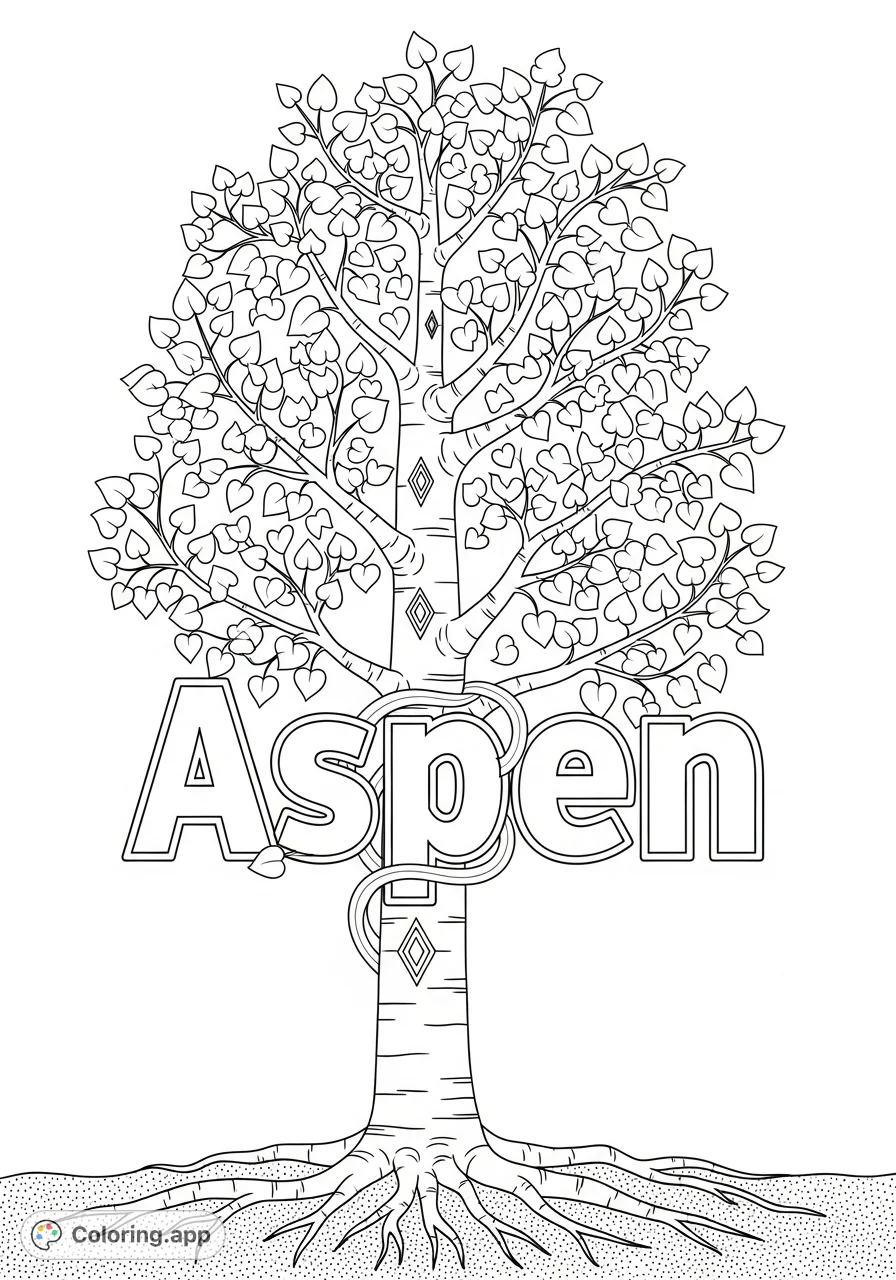 A charming Aspen tree intertwines with the stylized name "Aspen," offering a delightful nature-themed coloring page with personalized appeal.