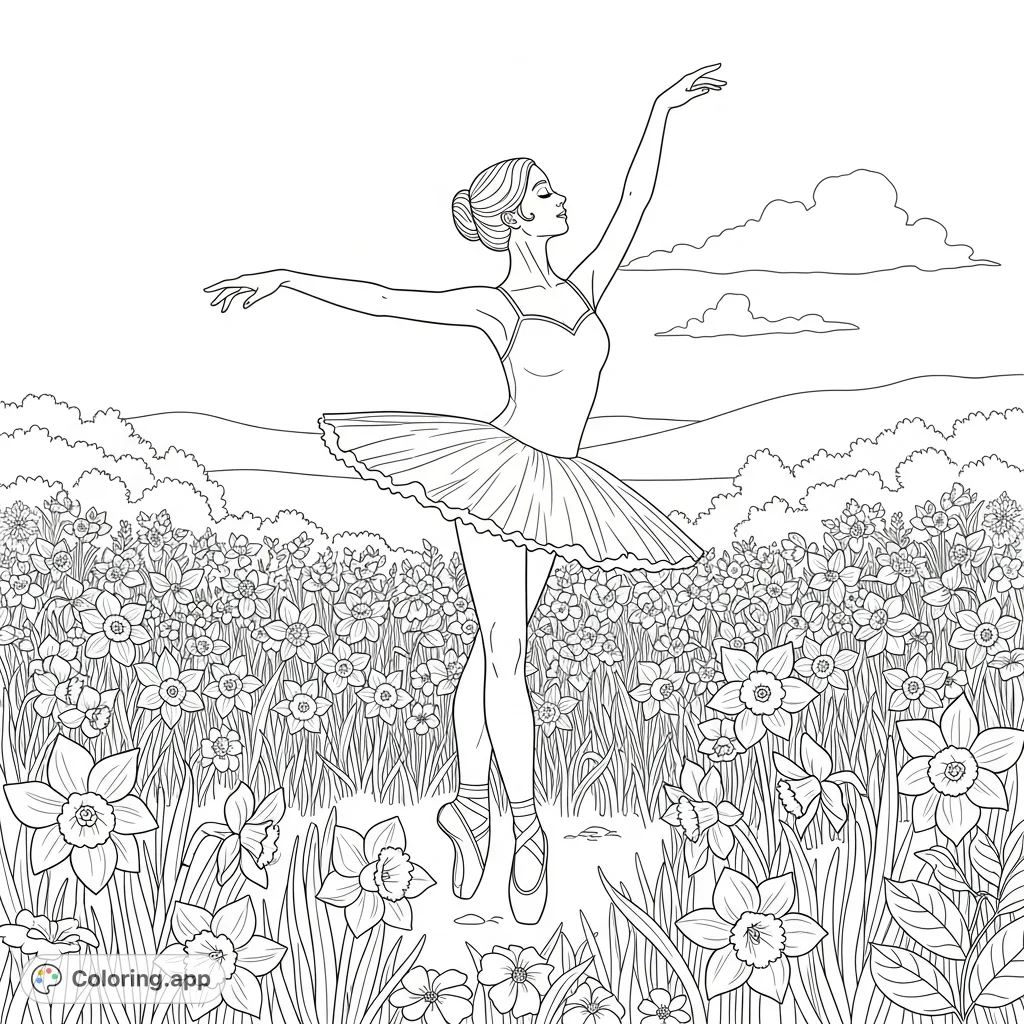 A graceful ballerina dances amidst a lush field of wildflowers and daffodils. This enchanting scene offers a detailed and expressive design for creative colorists.