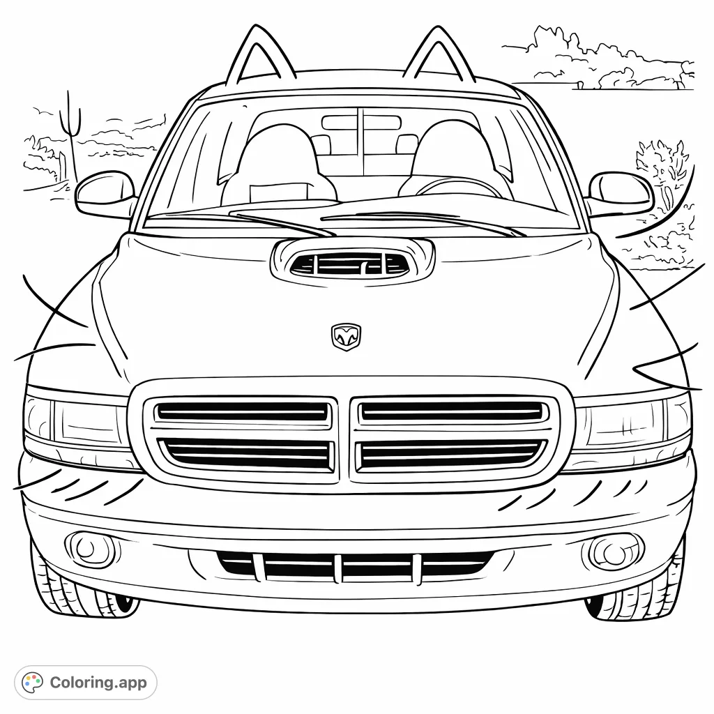 Color a powerful pickup truck from a head-on perspective, featuring its distinct grille, hood scoop, and detailed lights against an open landscape.