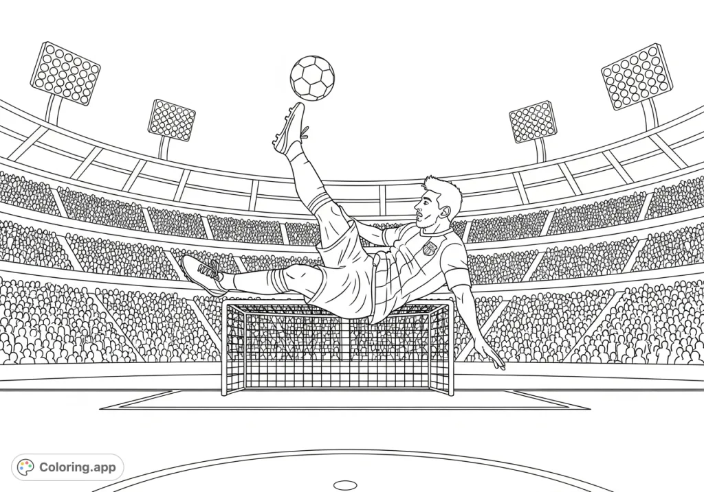 Experience the thrill of soccer with this dynamic Messi coloring page, featuring the legendary player's incredible bicycle kick in a grand stadium setting.