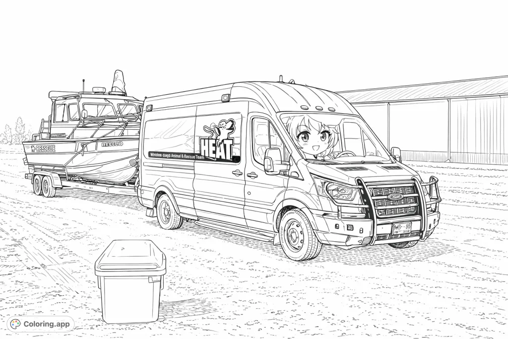 A powerful van tows a specialized rescue boat, ready for action. Detailed vehicles on a dirt road, set against an expansive backdrop in an anime style.