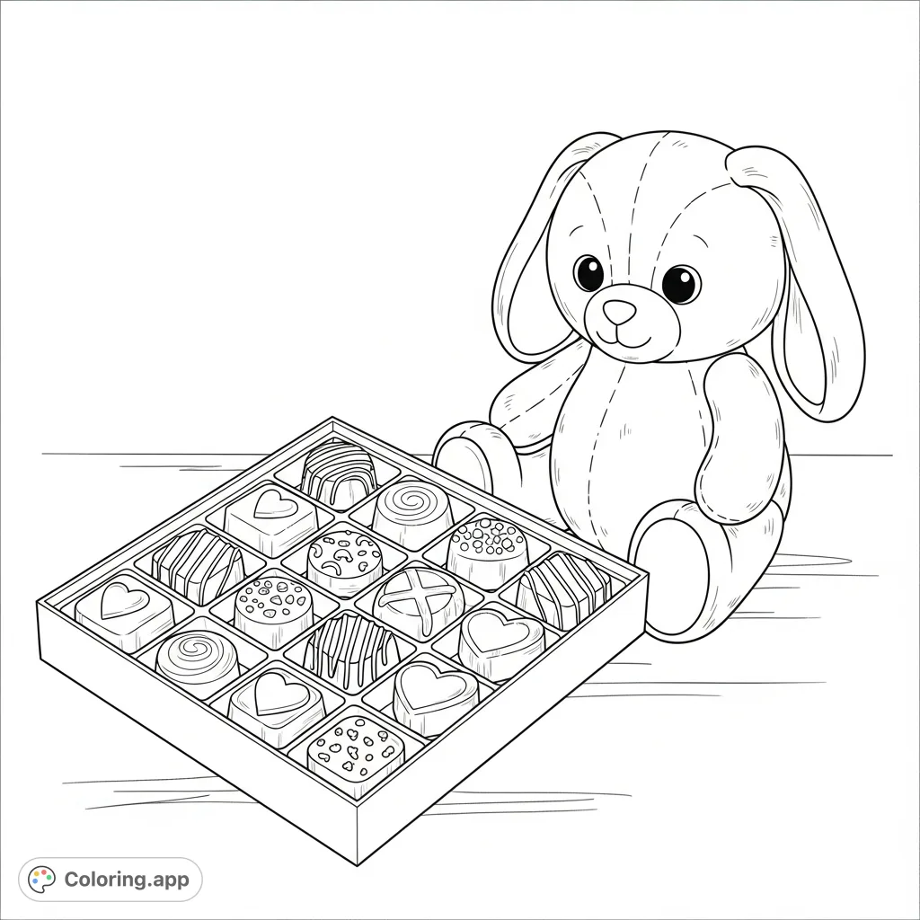 A heartwarming Valentine's Day scene with a box of assorted chocolates and a cuddly stuffed animal, perfect for a free printable coloring page.
