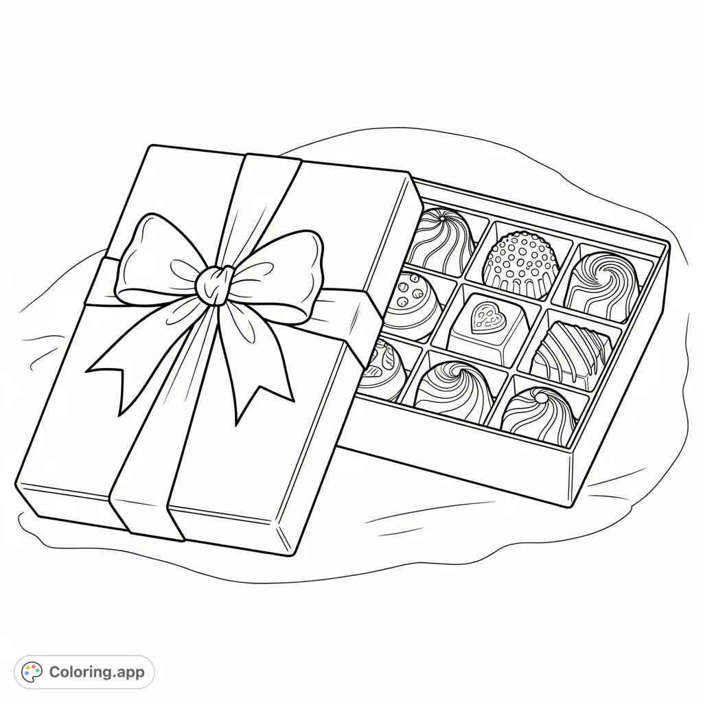 Discover a delightful Valentine's Day coloring page featuring a beautifully wrapped chocolate box. Perfect for expressing love through art. A sweet gift awaiting your creative touch.