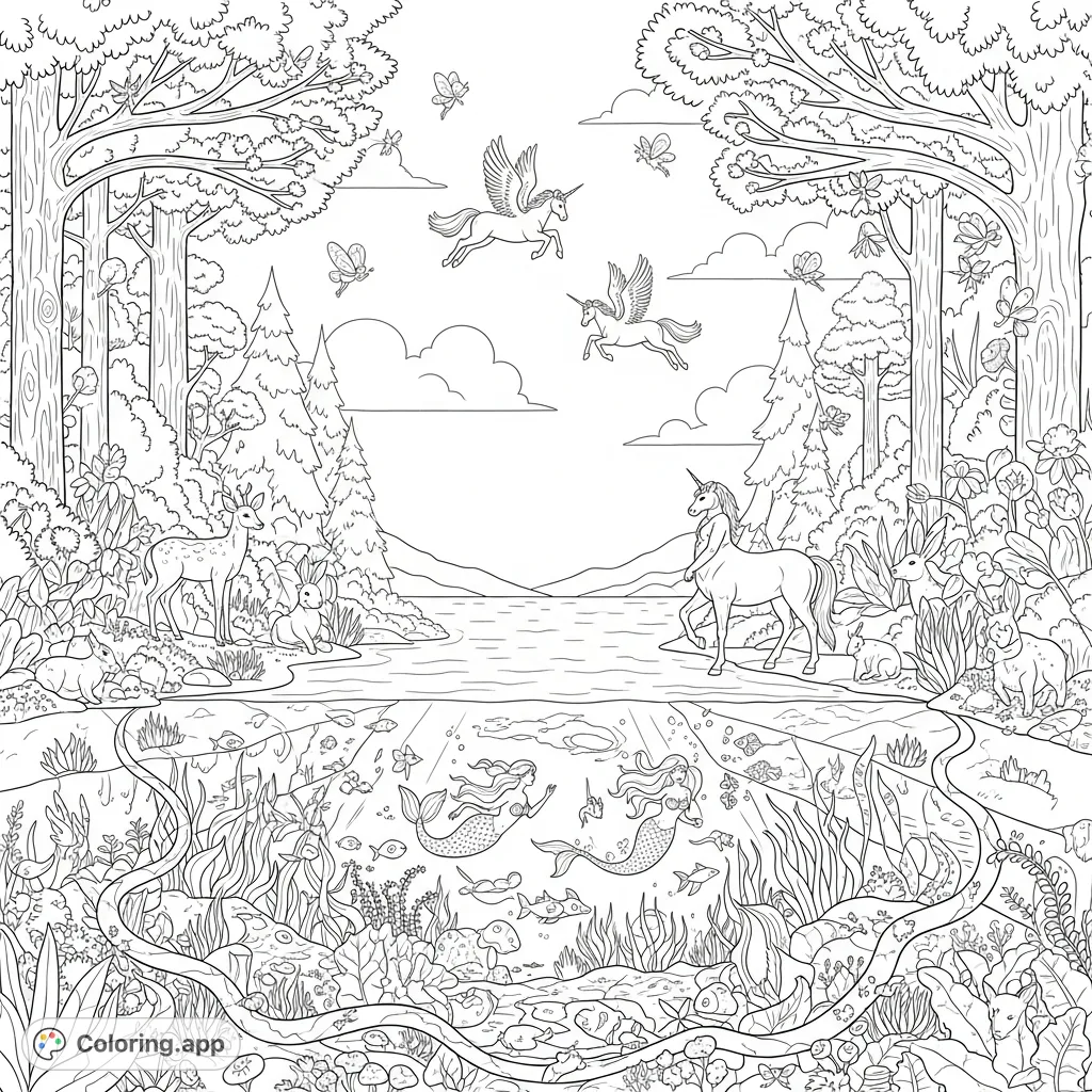 Explore a mystical fantasy lake teeming with mermaids, unicorns, centaurs, and fairies. Discover enchanting underwater life and lush landscapes in this magical scene.
