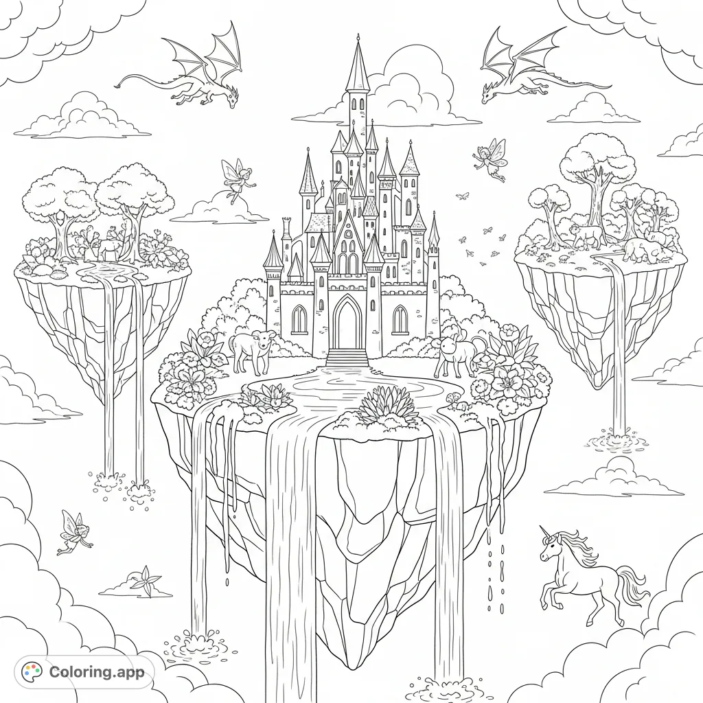 Explore a magical world of floating islands, a grand castle, soaring dragons, graceful fairies, and majestic unicorns. A captivating fantasy scene for all ages.