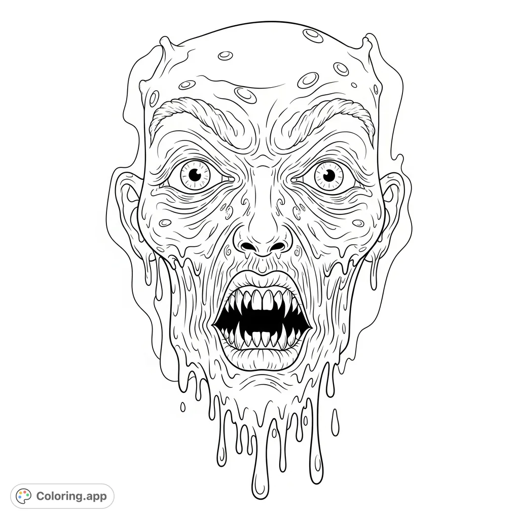 Unleash your creativity with this melted monster face coloring page. Intricate drips and distorted features make for a challenging and unique coloring experience.