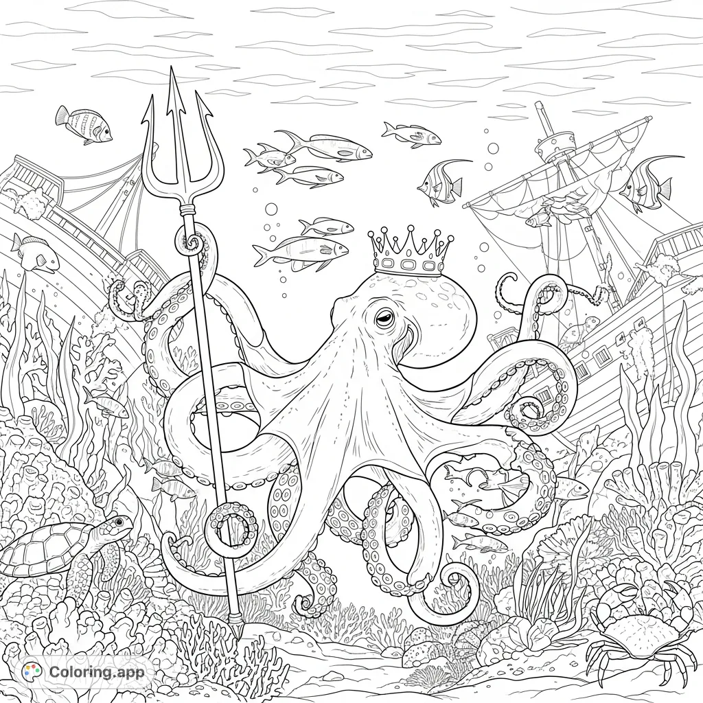 An majestic octopus king with a trident rules an undersea realm, surrounded by vibrant marine life and a mysterious shipwreck. A captivating underwater adventure!