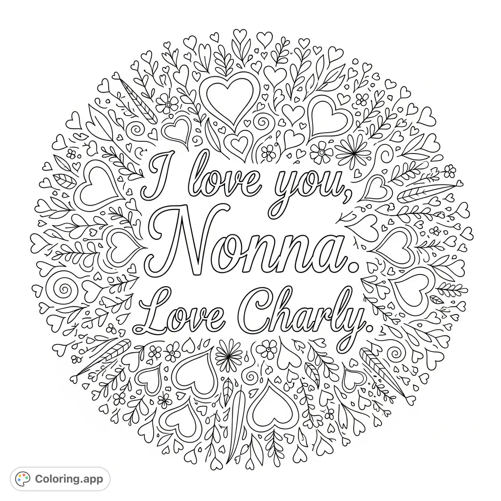 A beautiful "I love you, Nonna. Love Charly." message surrounded by charming hearts, stars, and floral doodles. A perfect way to express affection and gratitude.