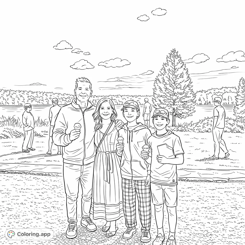 A delightful family lake day featuring two adults and two kids enjoying ice cream cones by the water. Perfect for a relaxing coloring experience.