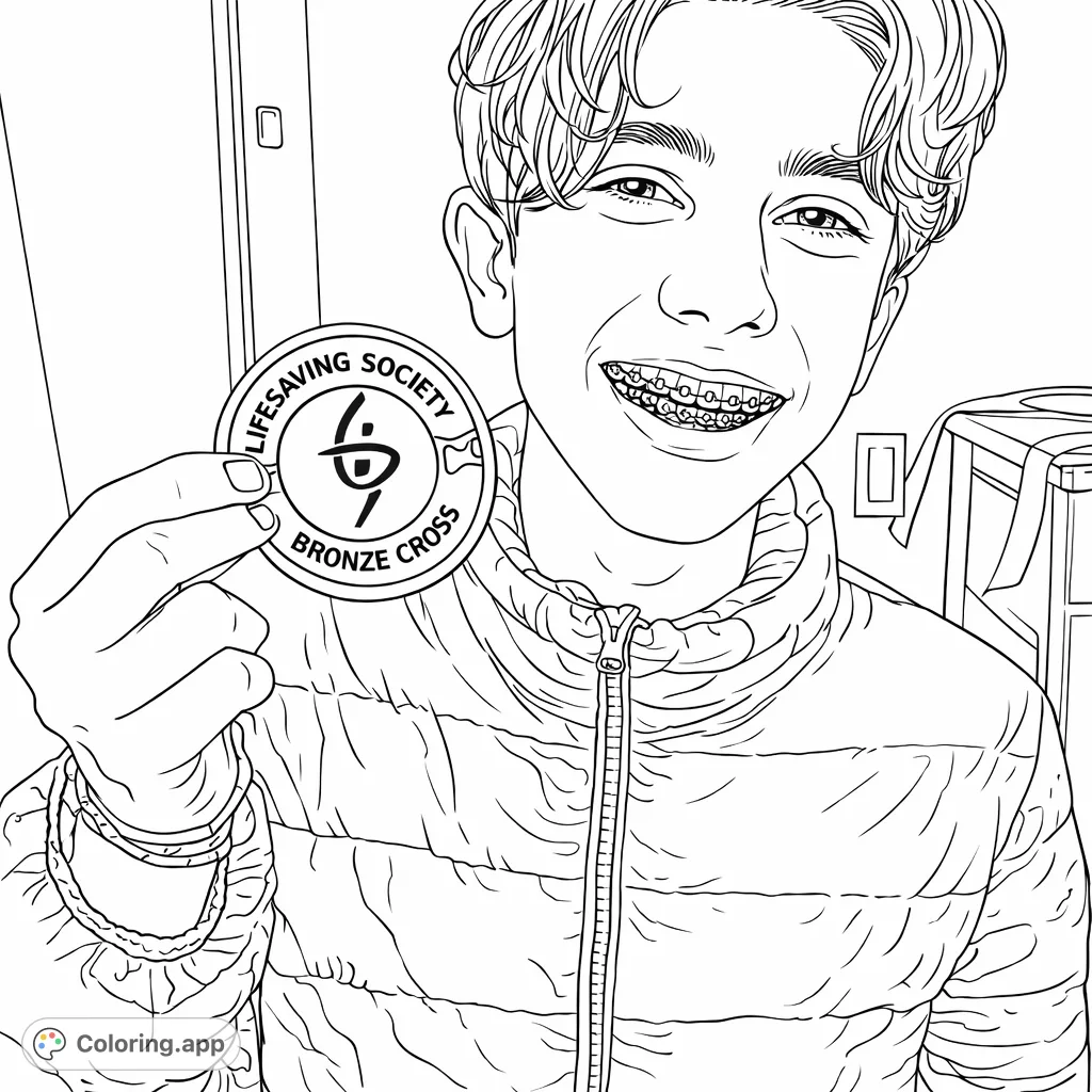 Celebrate a significant achievement with this detailed coloring page featuring a smiling young person proudly displaying a Lifesaving Society Bronze Cross patch.