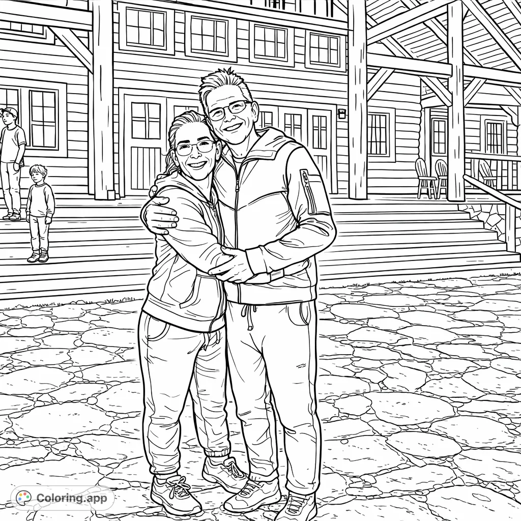 A heartwarming coloring page featuring a couple embracing in front of a grand log lodge with a flagstone patio. Perfect for capturing happy memories.