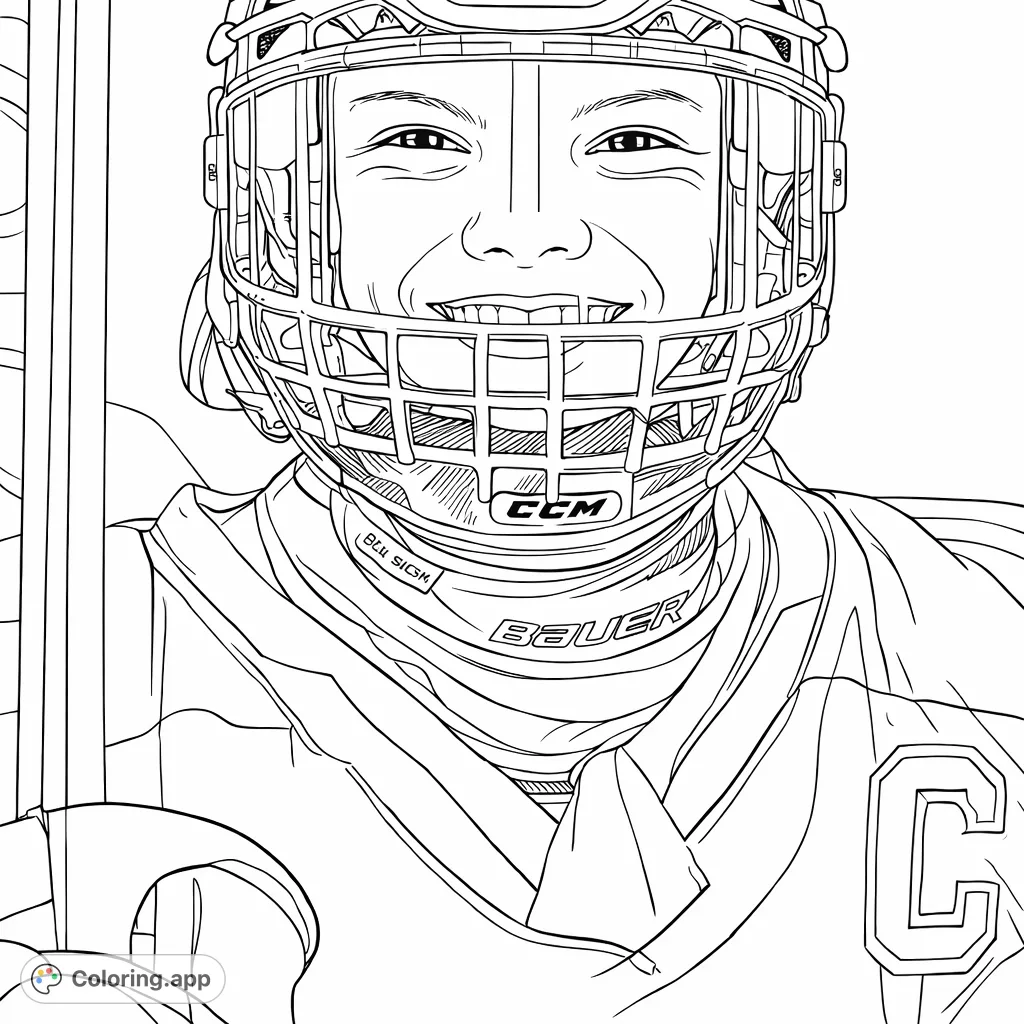 Capture the excitement of sports with this hockey player coloring page! A smiling athlete in full gear, ready for action. Perfect for young sports fans.