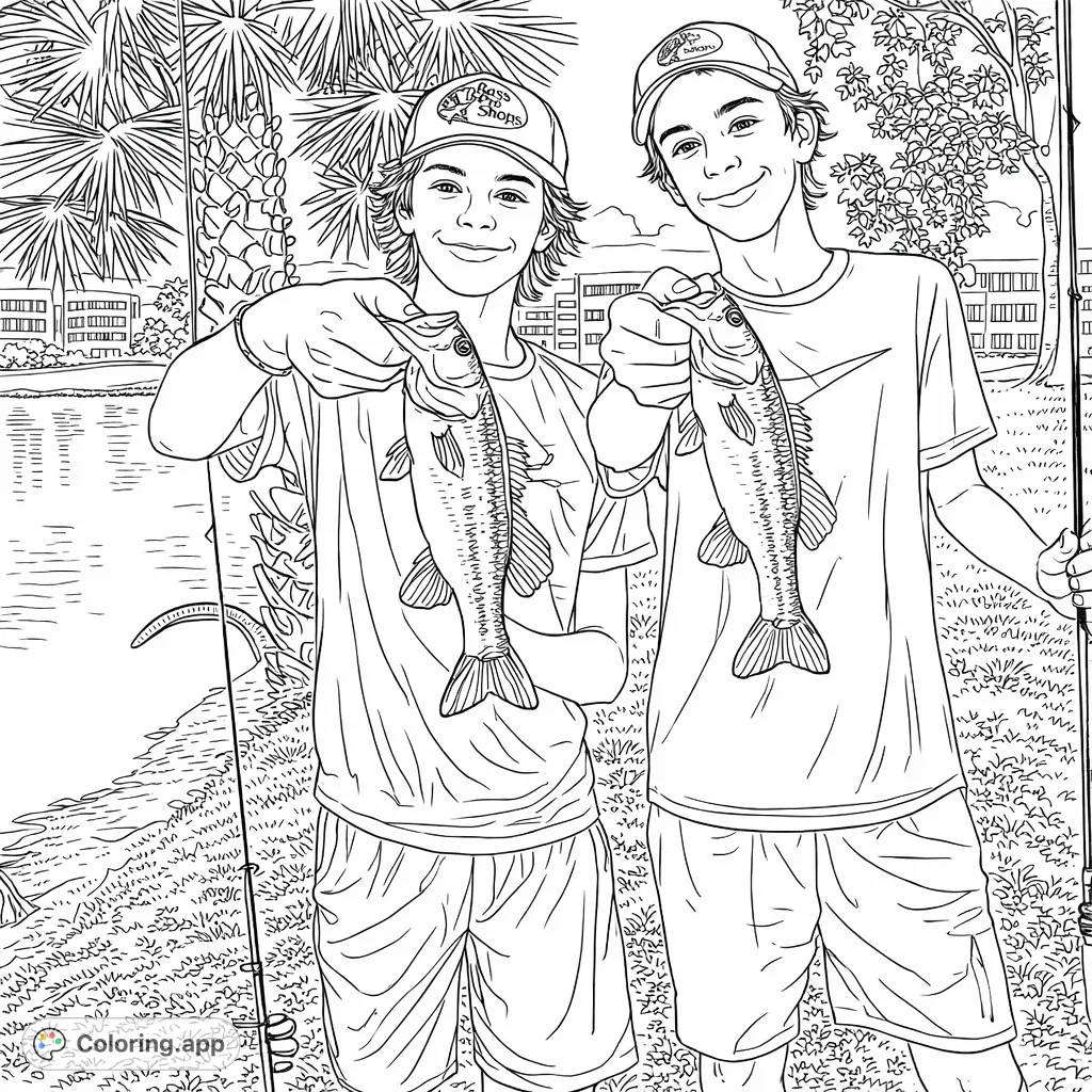 Two smiling young anglers proudly display their fish catch by the water, with fishing rods and a scenic background. A perfect fishing coloring page.