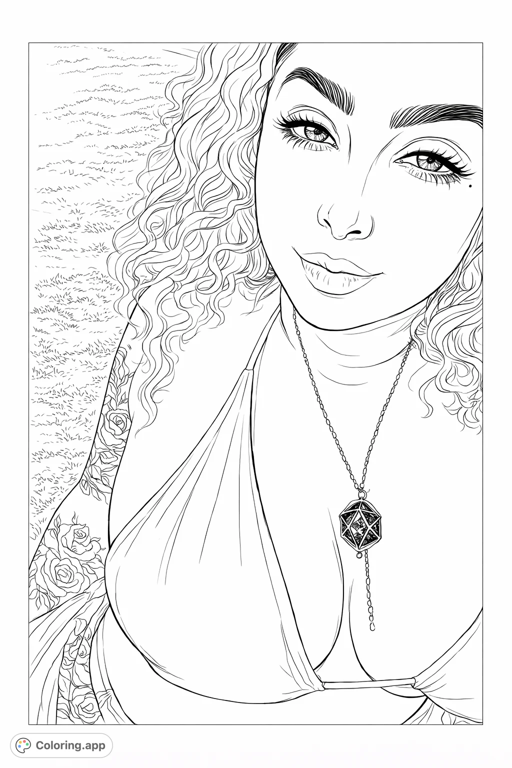 Capture summer vibes with this detailed portrait of a woman in a bikini, featuring flowing hair, intricate tattoos, and a statement necklace against a relaxed outdoor setting.