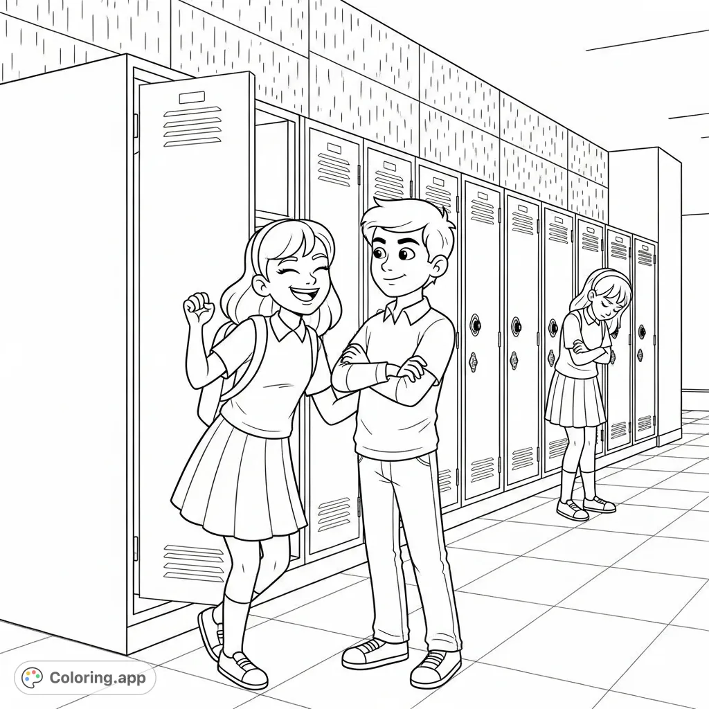 A dramatic scene unfolding in a school hallway, capturing a moment of social intrigue and emotional impact. Explore themes of friendship and trust.