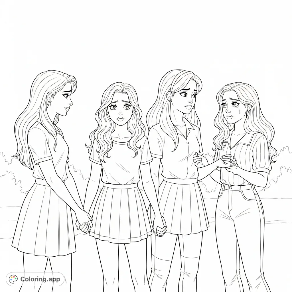 A poignant friendship coloring page depicting Lily and Kily gently leading Dixie away from a sad Kaelyn and her friend, capturing emotions of separation and longing.