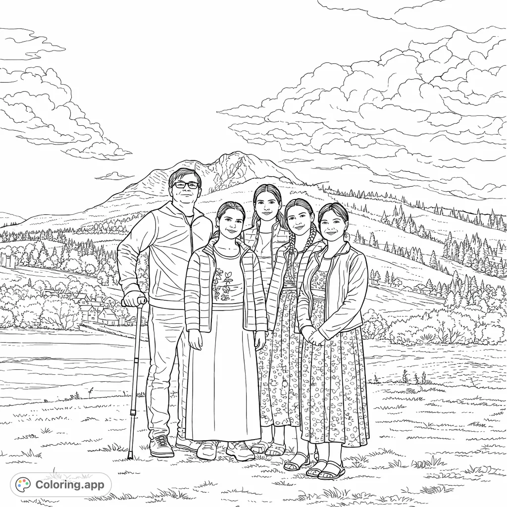 A family of five poses in a vast mountain landscape, with rolling hills and a cloudy sky. A heartwarming scene to color.
