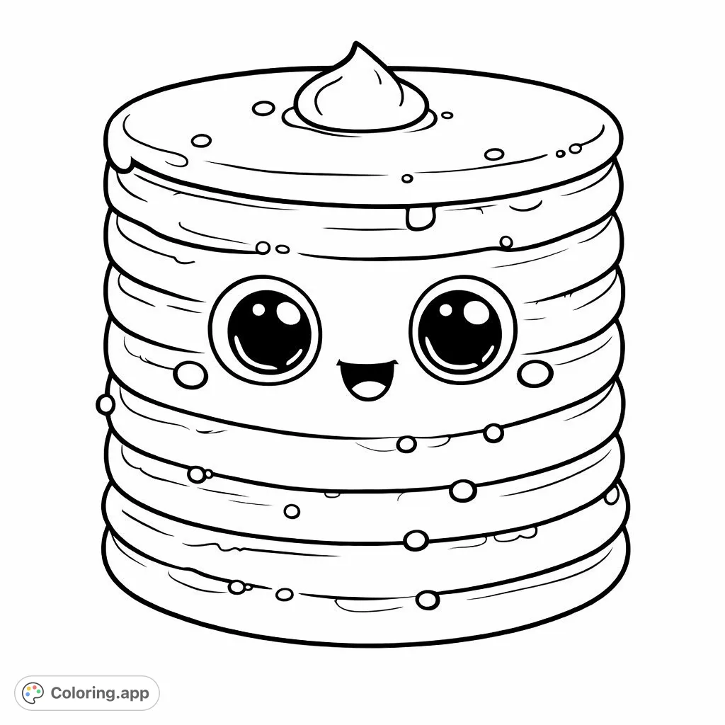 An adorable stack of pancakes with a friendly face, ready for a delicious splash of color! A delightful breakfast-themed coloring page.