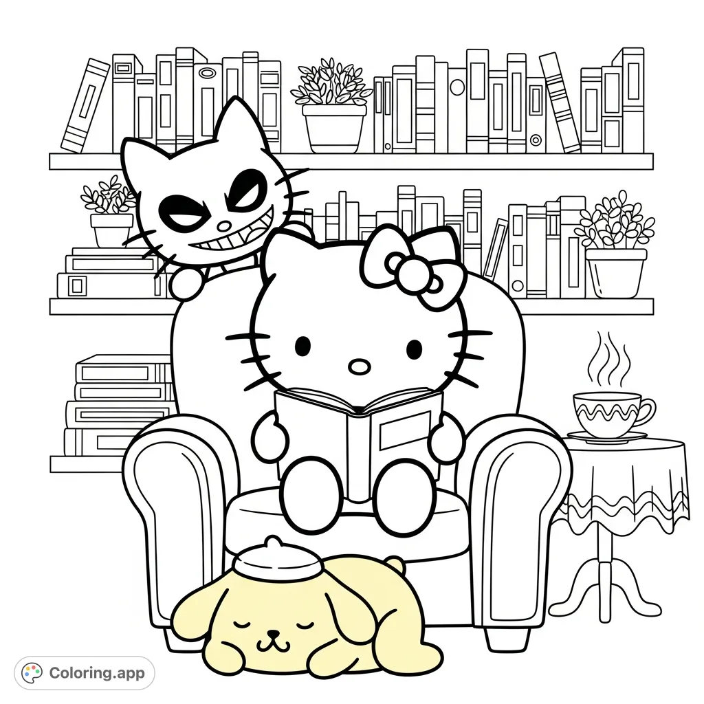Hello Kitty enjoys a book in a cozy reading nook, with Pompompurin napping and Badtz-Maru peeking. Shelves of books, plants, and a teacup complete the studious scene.