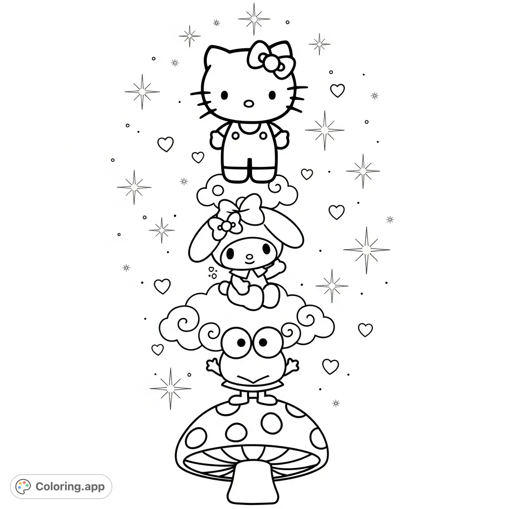 A delightful vertical stack featuring Hello Kitty, My Melody, and Keroppi amidst clouds, stars, and hearts. A whimsical Sanrio Friends coloring page perfect for fans!