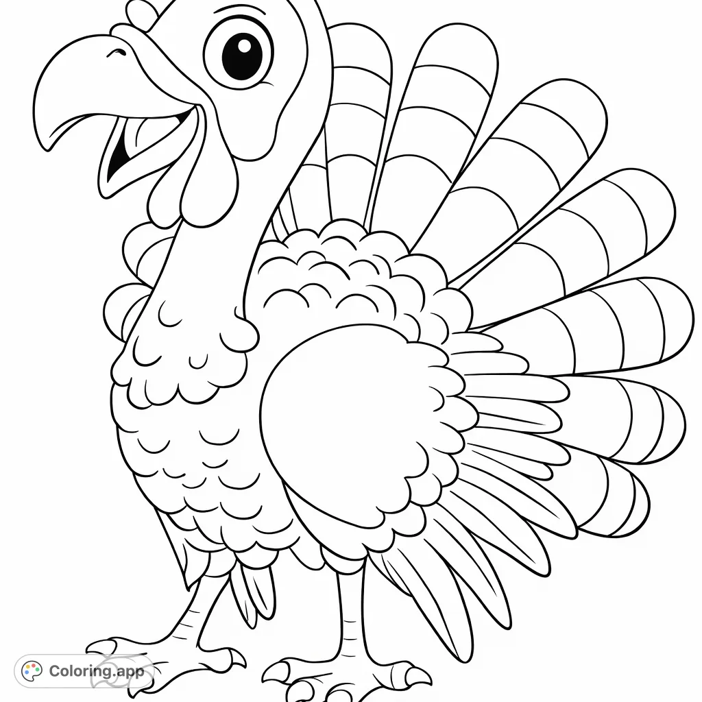 A delightful cartoon turkey, perfect for coloring! Features a friendly expression, fanned tail, and detailed feathers for a fun and engaging creative activity.