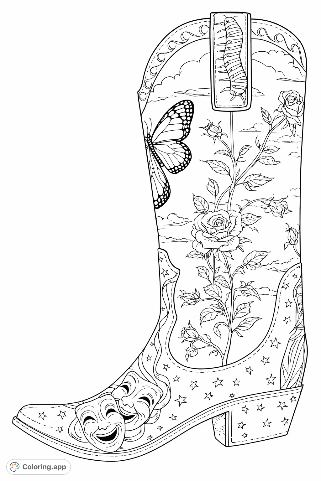 Unleash creativity with this unique cowboy boot coloring page, featuring a monarch butterfly, delicate roses, and theatrical masks. Perfect for intricate coloring.