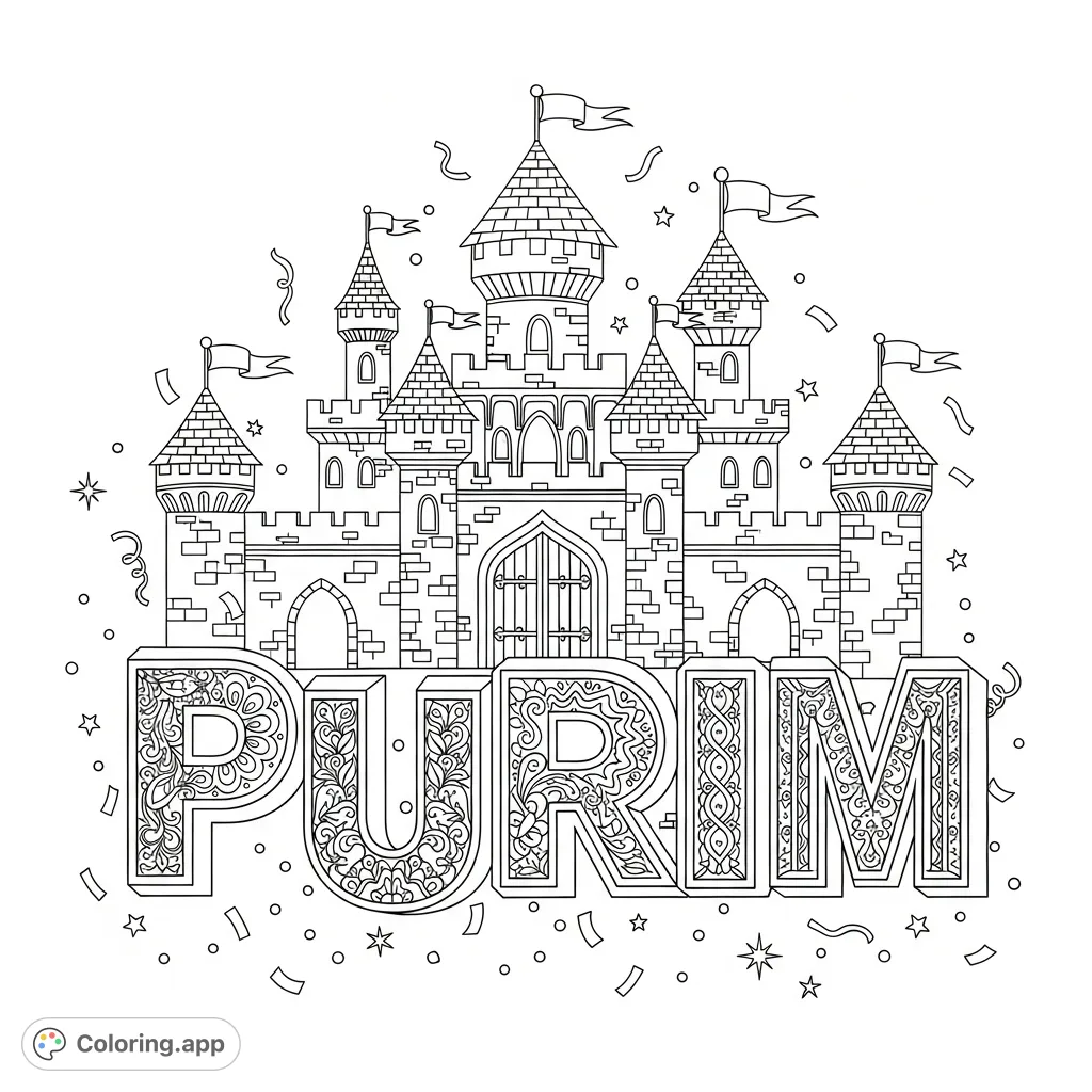 A festive Purim coloring page featuring ornate 'PURIM' letters encircled by a grand castle, complete with festive details. Perfect for holiday fun!