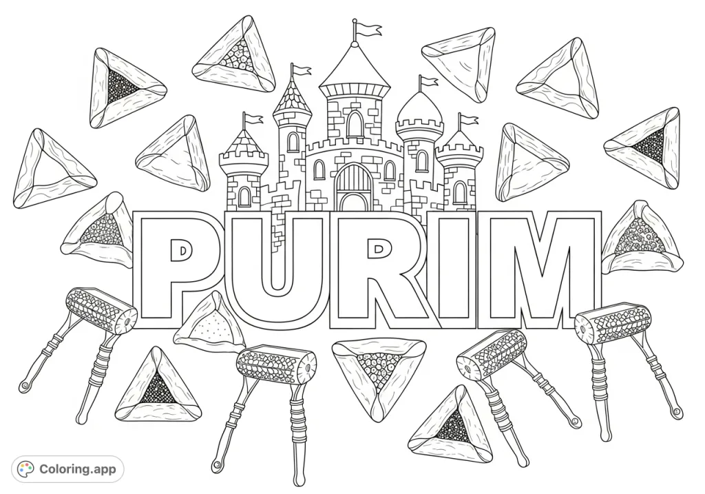 Celebrate Purim with this festive coloring page featuring the bold letters 'PURIM,' a whimsical castle, traditional graggers, and tasty hamantashen.