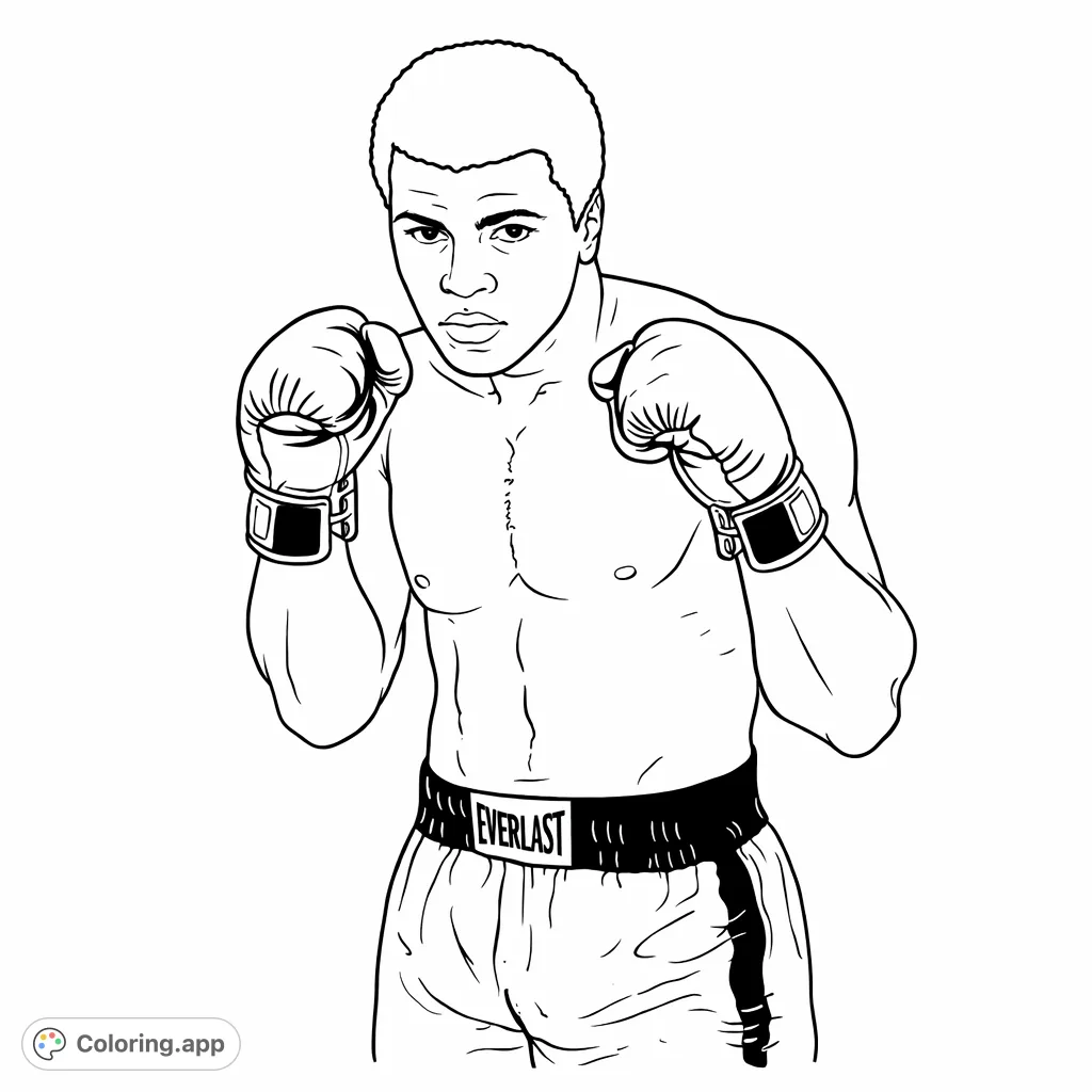 Capture the powerful pose of a legendary boxer, fists raised in a classic stance. A compelling sports figure ready for action, offering an inspiring coloring experience.