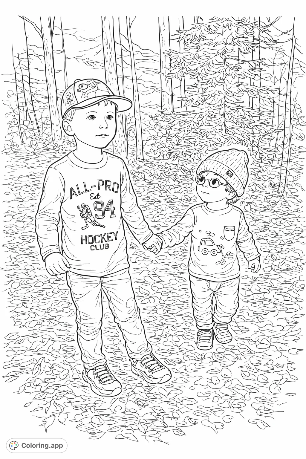 Two young siblings explore a forest path, holding hands, surrounded by fallen leaves and towering trees. A heartwarming scene for coloring fun.